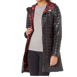 Women's Black Quilted Jacket with Red Plaid Lining